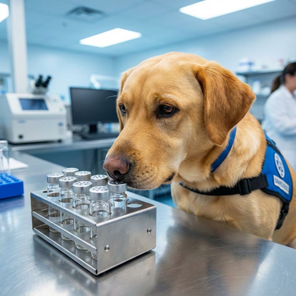 Medical detection dog sniffing samples