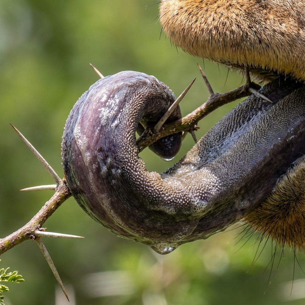 A close-up of a giraffe's purple tongue curled around a thorny branch