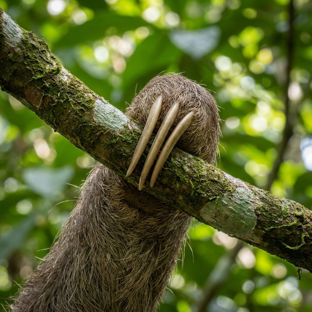 An illustration showing how curved claws hook over branches without using muscle energy