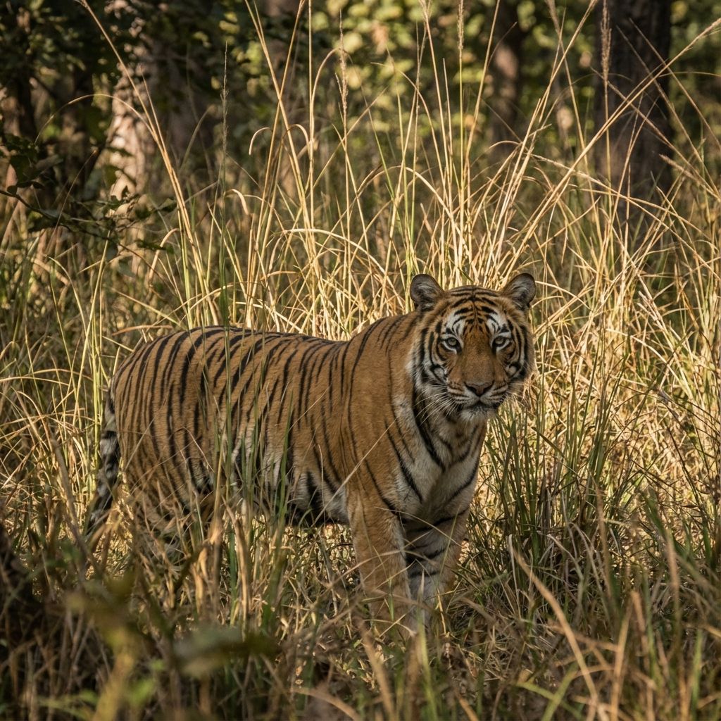 A Bengal tiger blending perfectly into tall grass and bamboo
