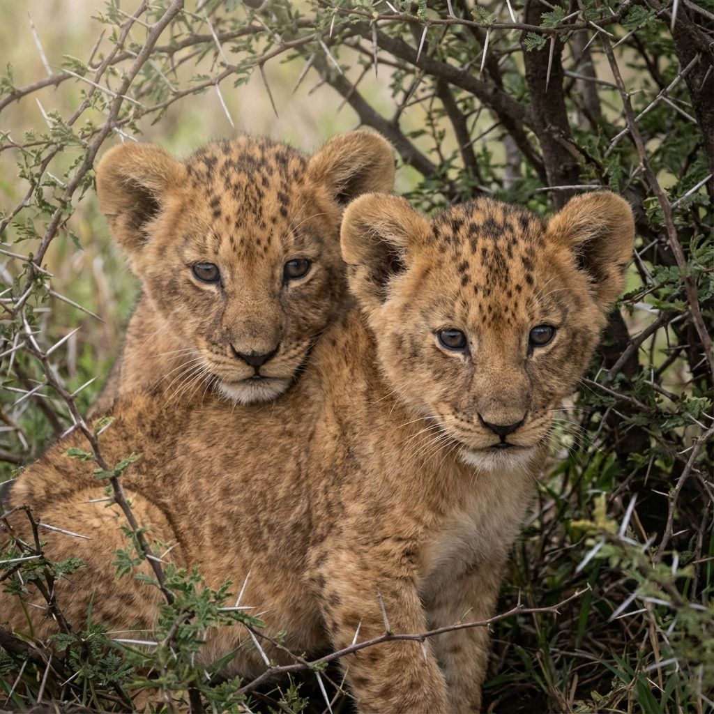 Lion cubs hiding in a bush showing their spotted fur