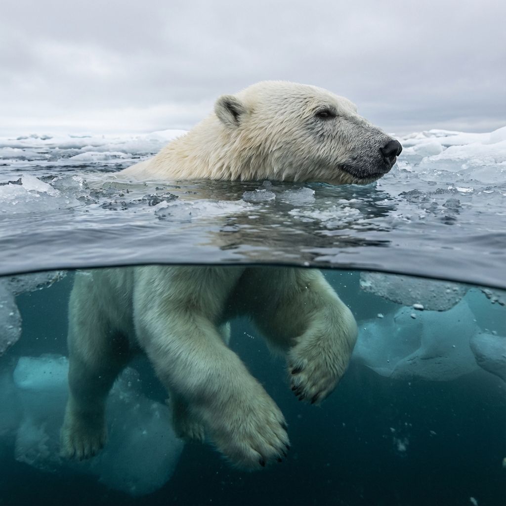 Polar bear swimming in icy water