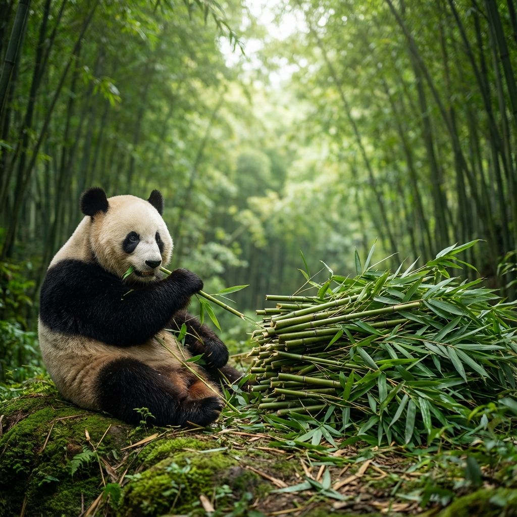 A giant panda sitting next to a massive pile of bamboo to show daily consumption scale