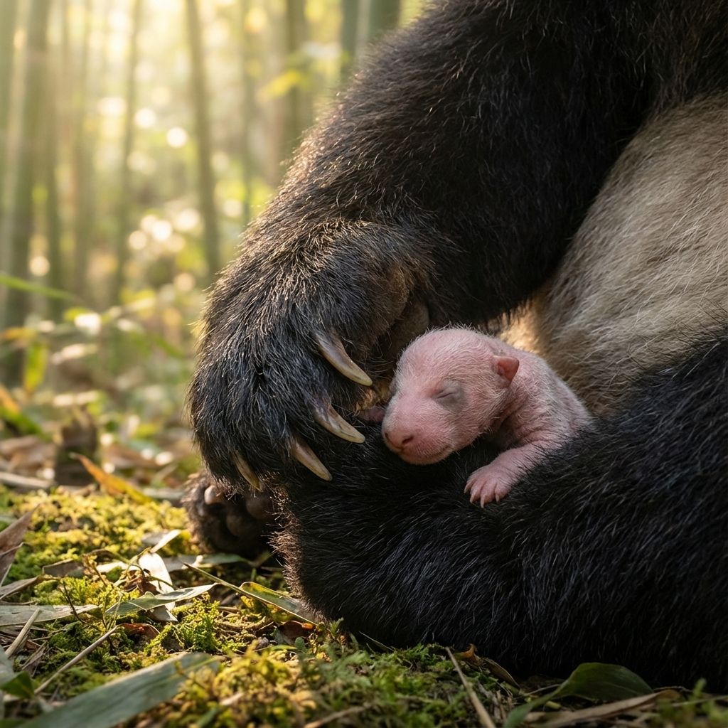 A mother panda holding a tiny, pink, hairless cub