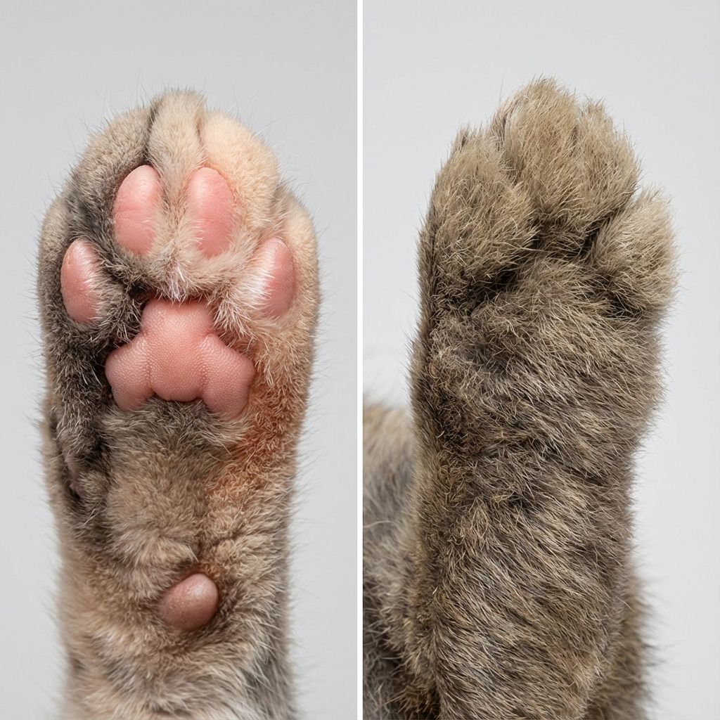 A close-up photograph comparing the bottom of a rabbit's foot to a cat's paw