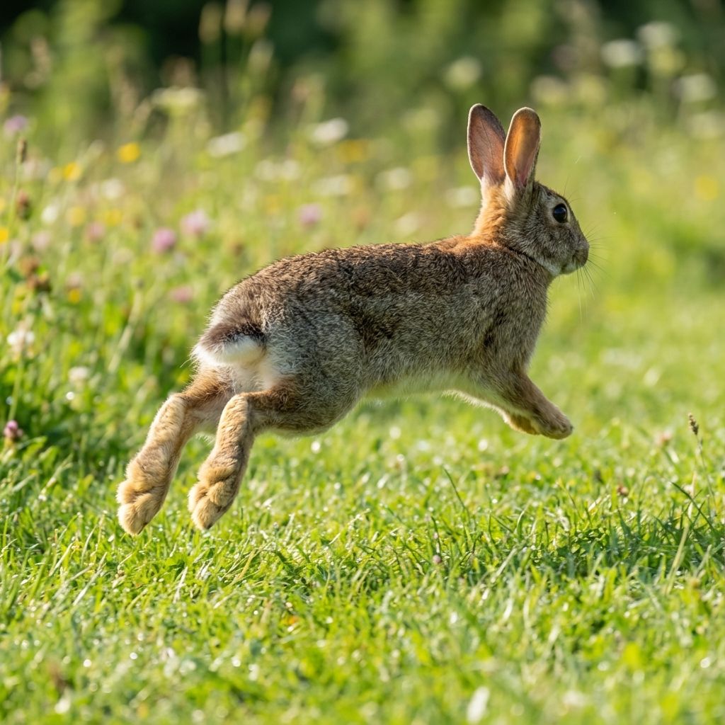A rabbit mid-air, about to land on grass, with glowing highlights on the hind feet to show impact zones