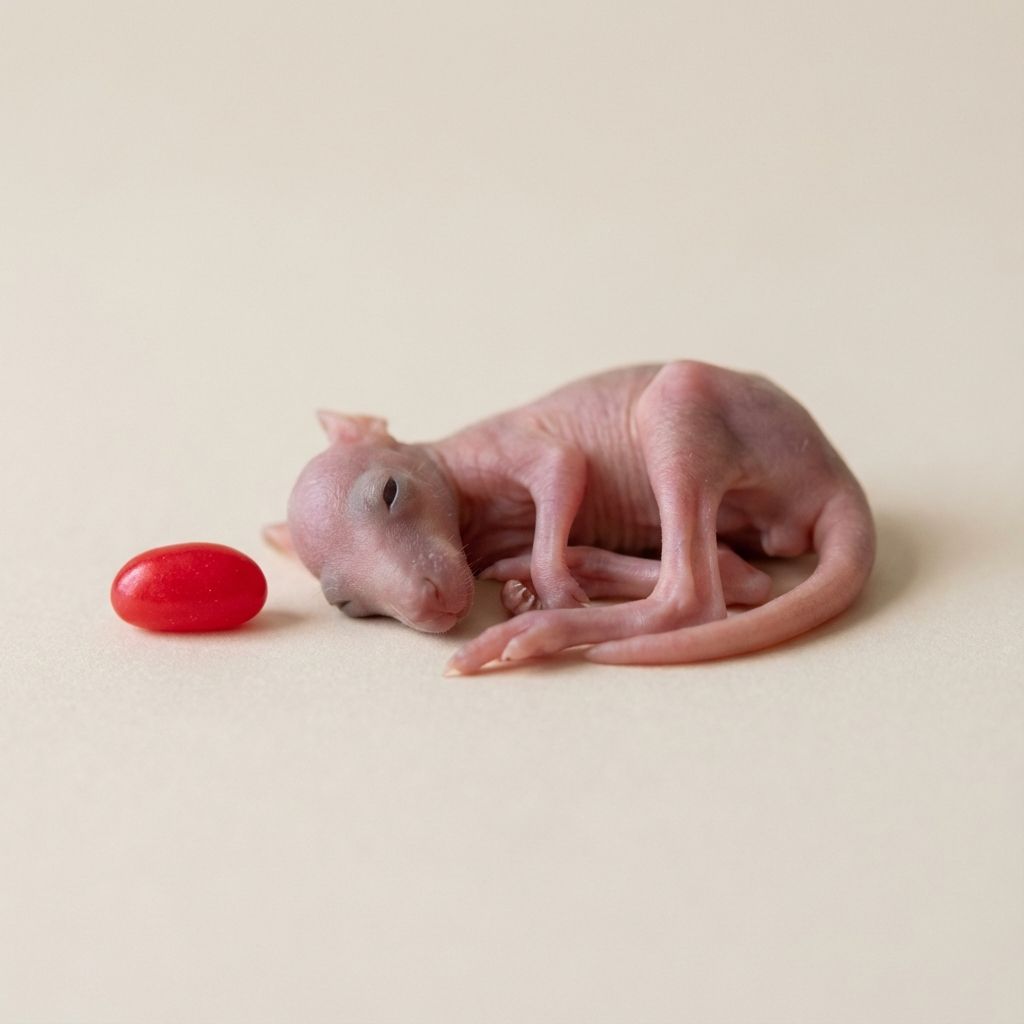 A tiny pink newborn joey next to a red jellybean for scale
