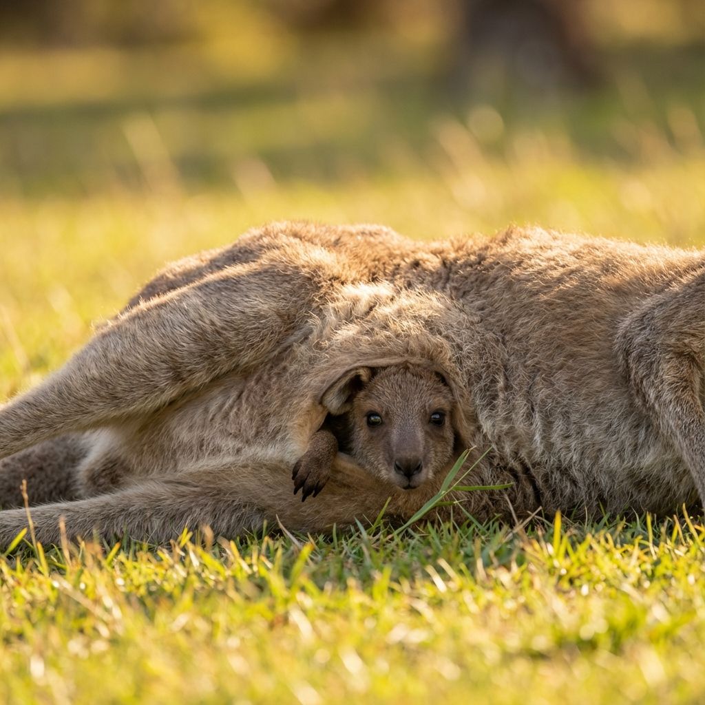 A close-up of a joey peeking out of the pouch