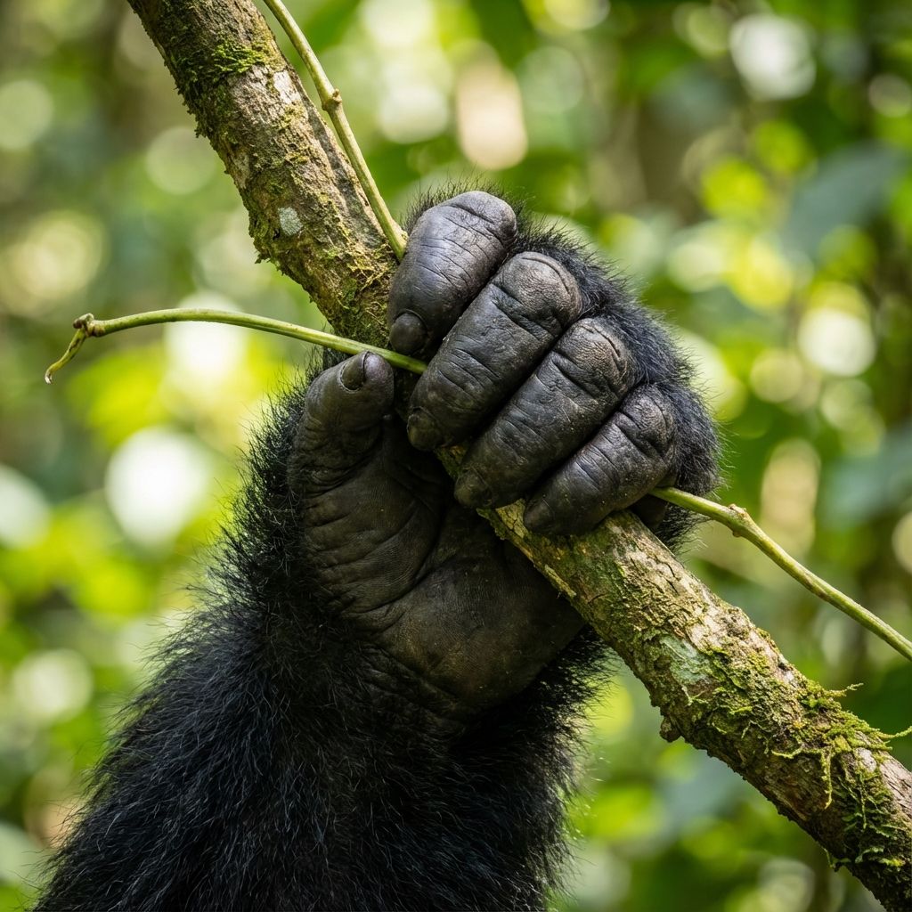 A close-up of a gorilla hand interacting with a branch