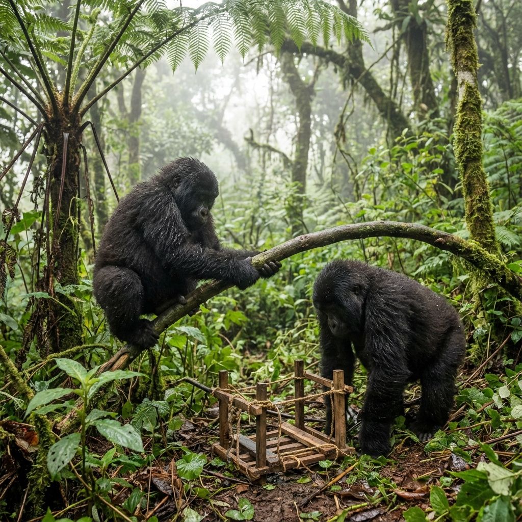 Two young gorillas examining a trap in the forest