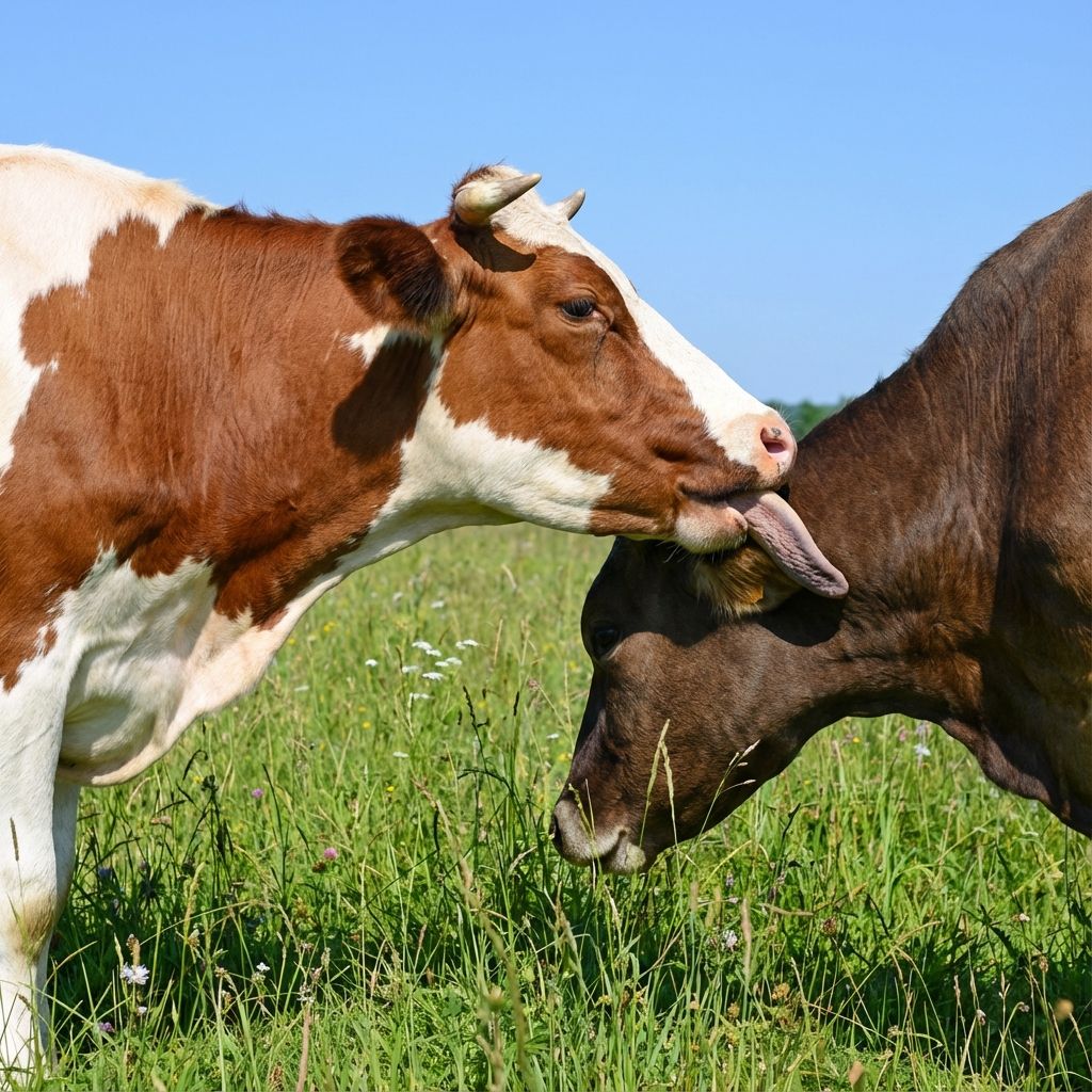 Two cows grooming each other