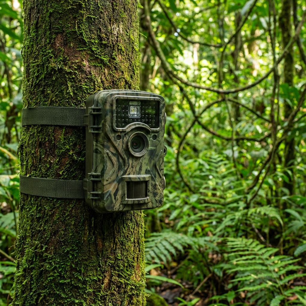 A motion-sensor camera trap strapped to a tree