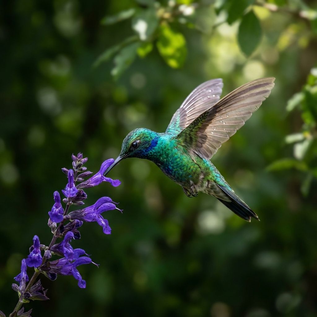 A hummingbird hovering at a flower