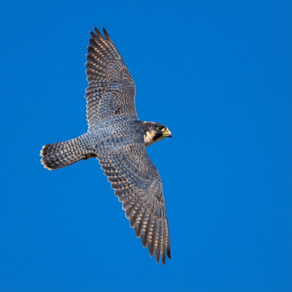 Peregrine falcon soaring with wings spread wide against a blue sky
