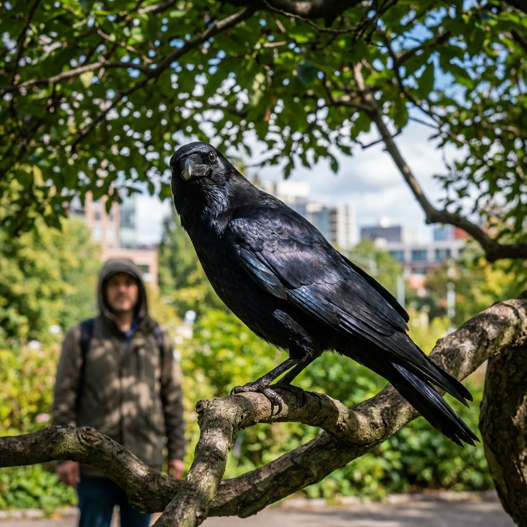 A crow looking intelligently at a human figure