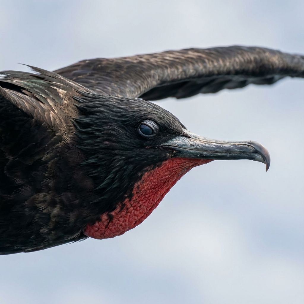 A Great Frigatebird soaring high above the ocean with wide wings