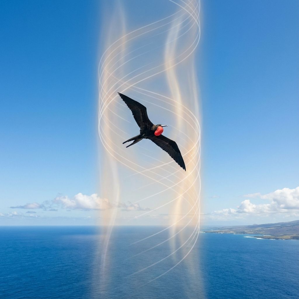 Diagram showing a bird spiraling up a thermal current