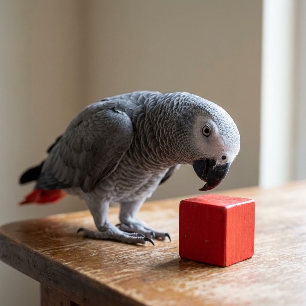 An African Grey Parrot looking at a red wooden block on a table
