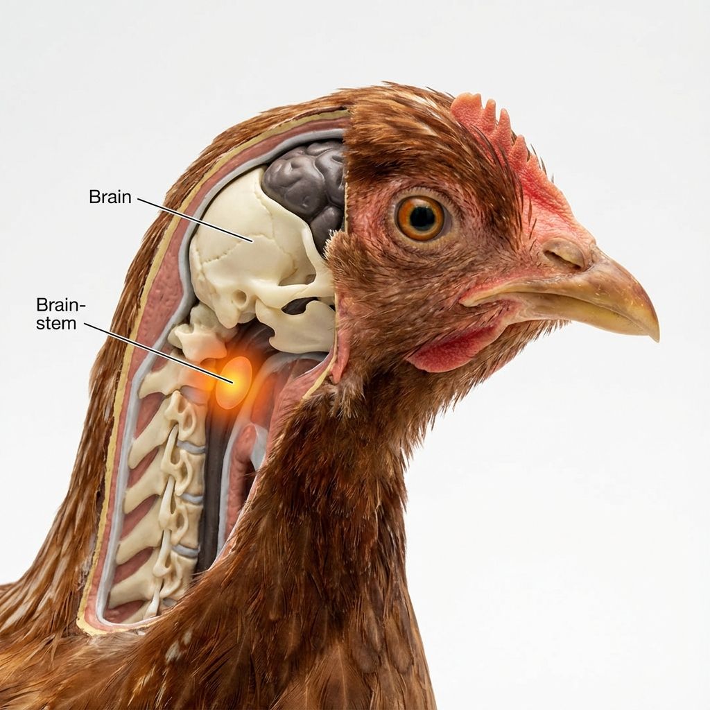 Cross-section diagram of a chicken head showing the brain and brainstem