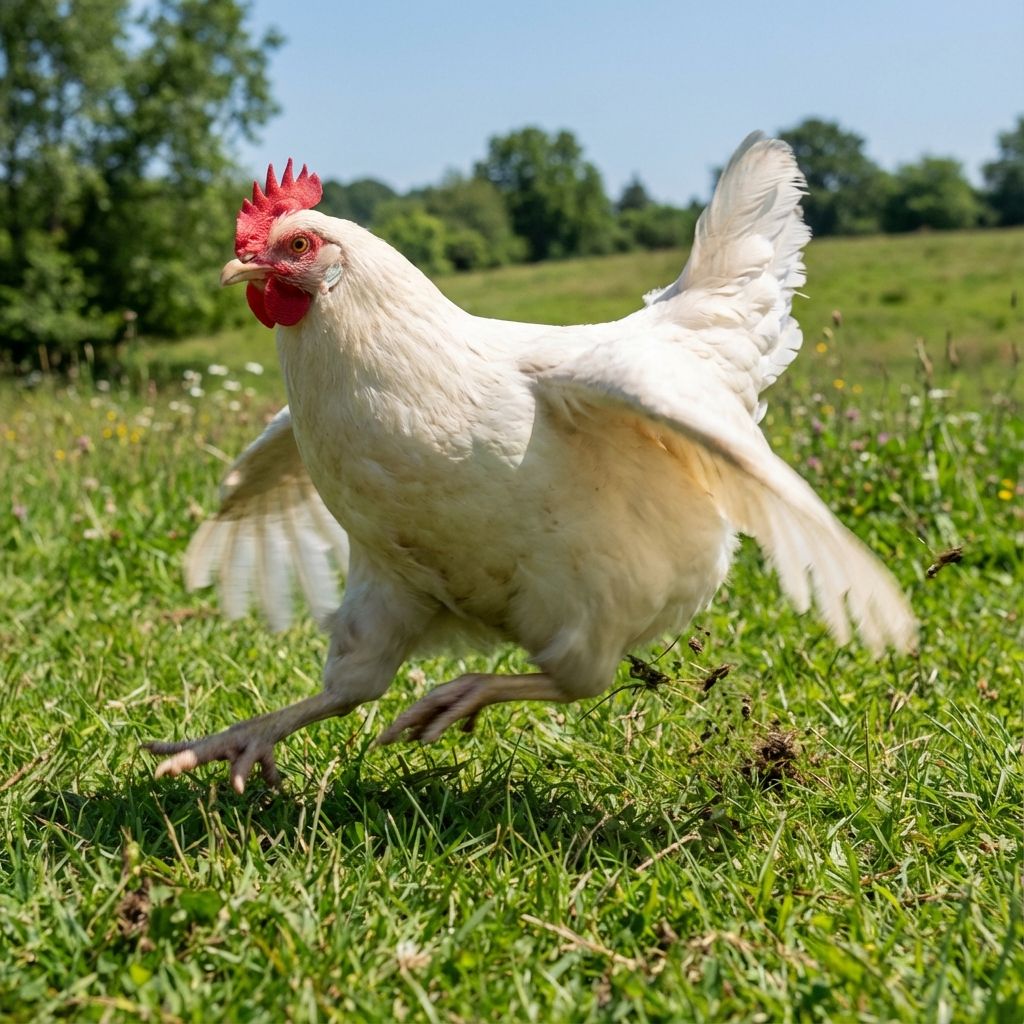 A white chicken running fast across grass with motion blur
