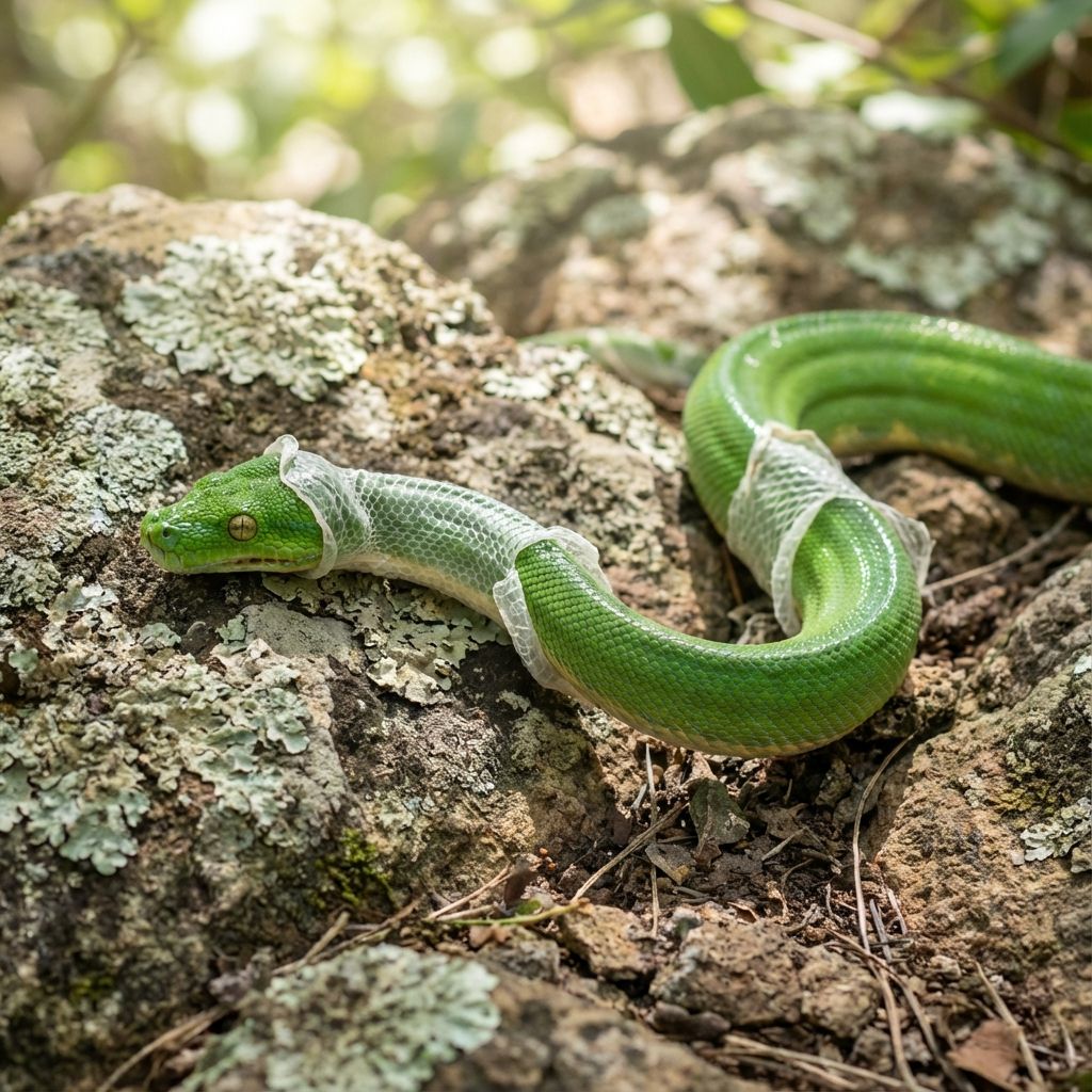 A snake moving through rocks, with the old white skin peeling off its body like a tube