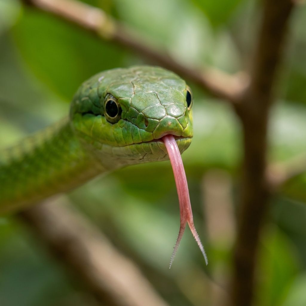 Extreme close-up of a snake's face, specifically focusing on the pink forked tongue flicking out