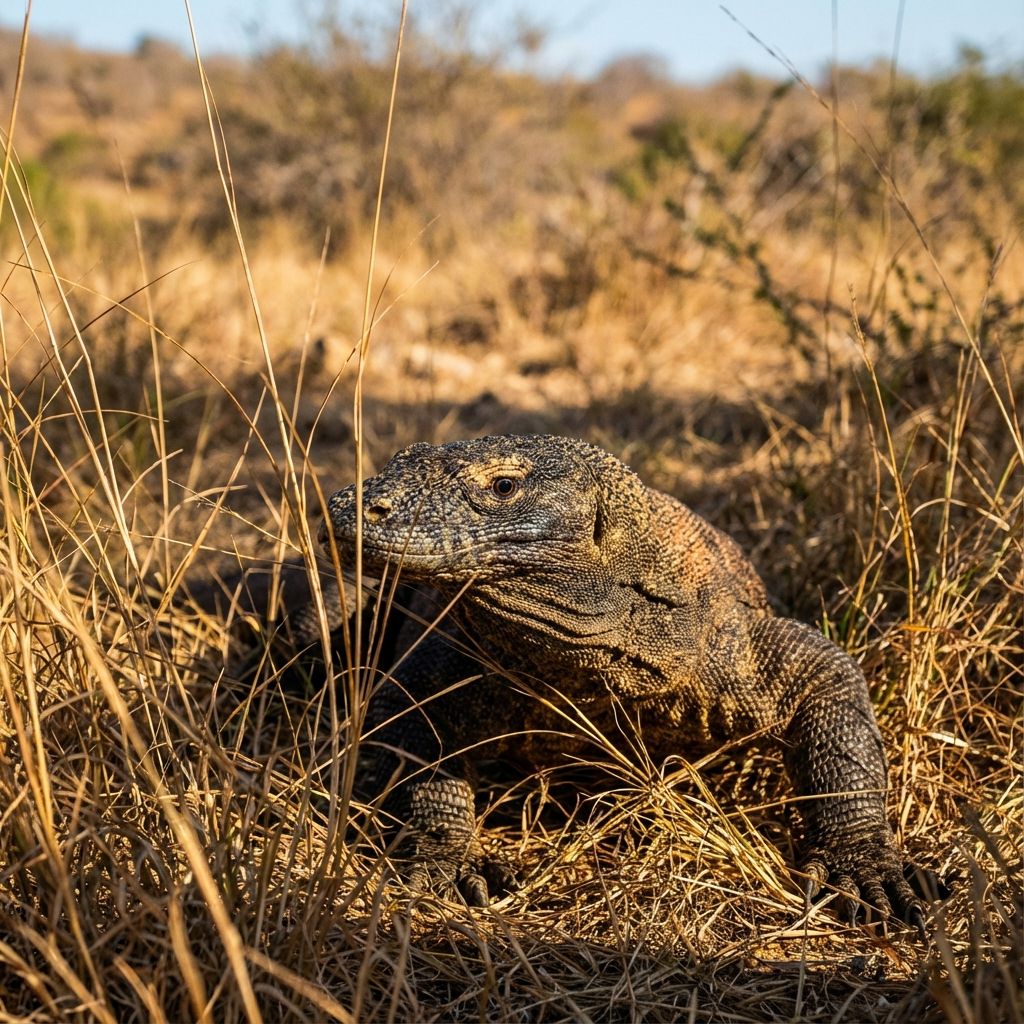 Komodo dragon hiding in grass