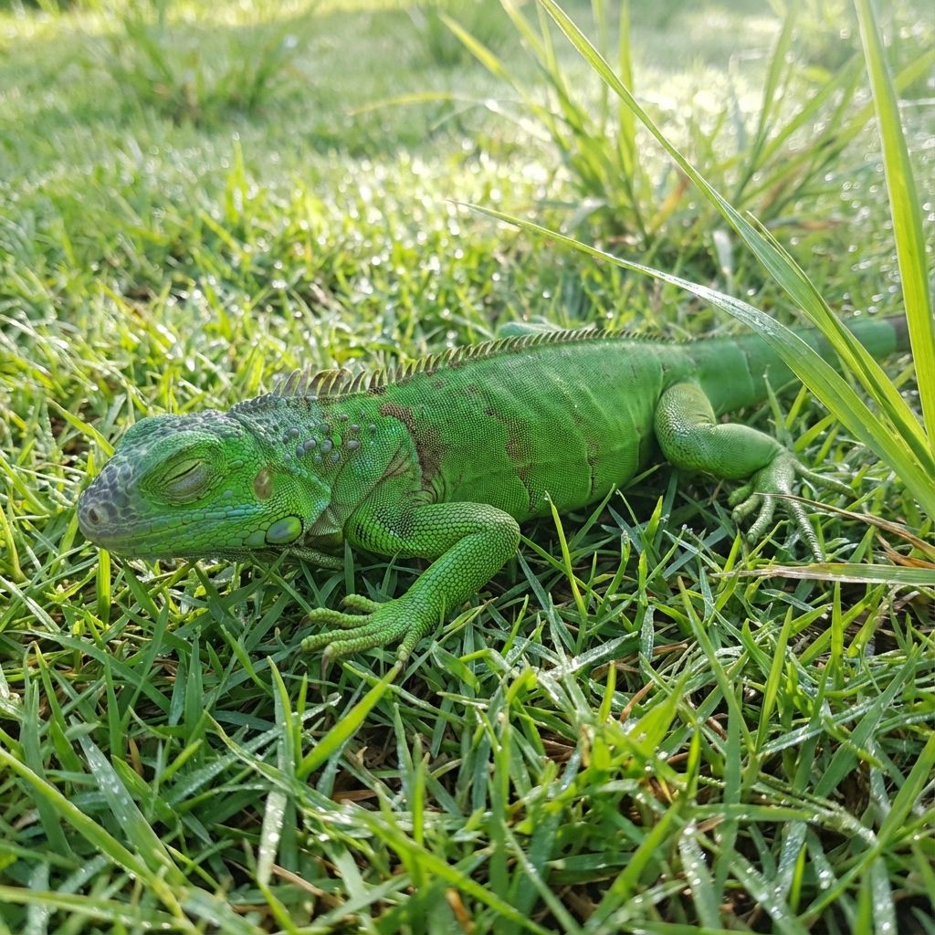A green iguana lying very still on a patch of green grass