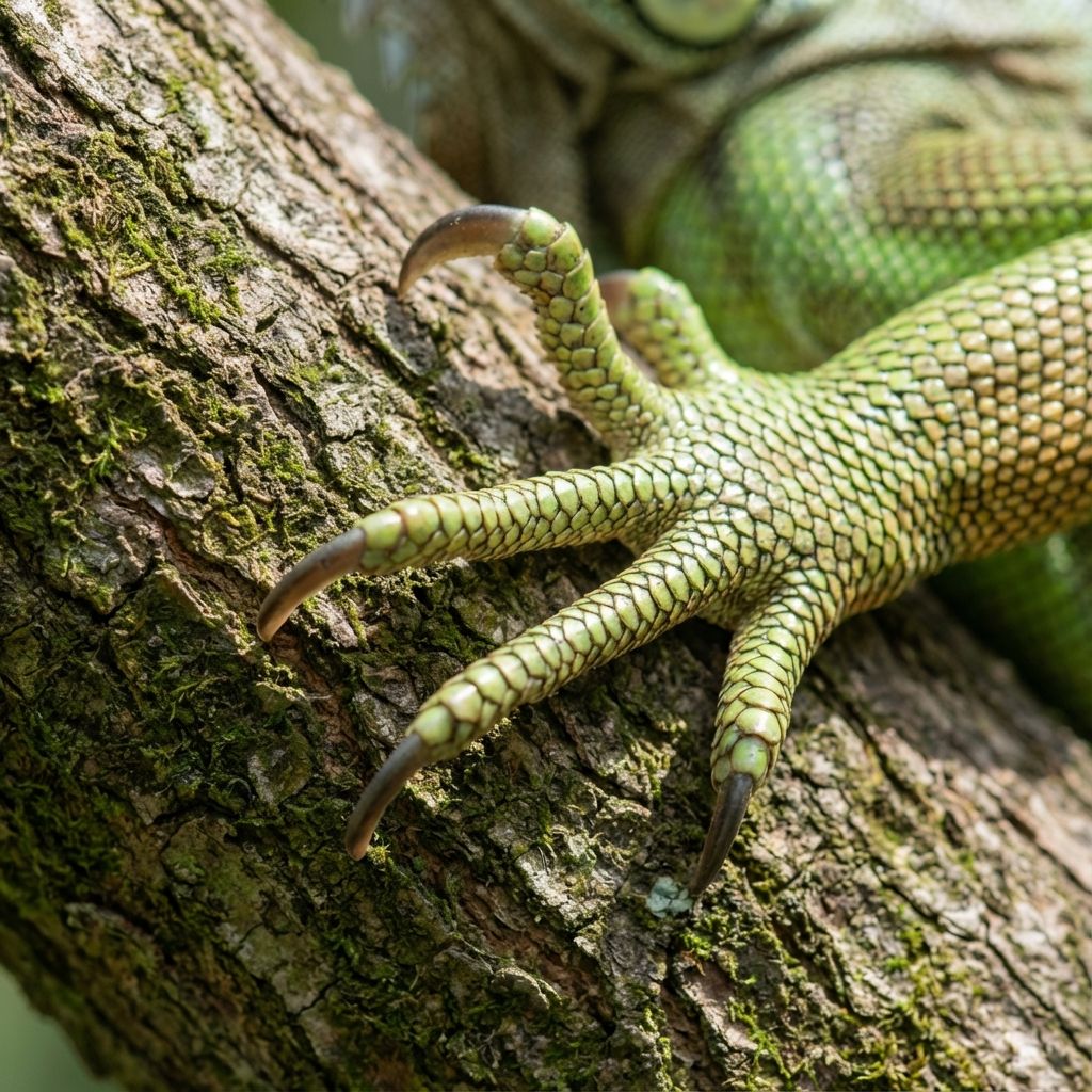 Extreme close-up of a green iguana's foot gripping rough bark