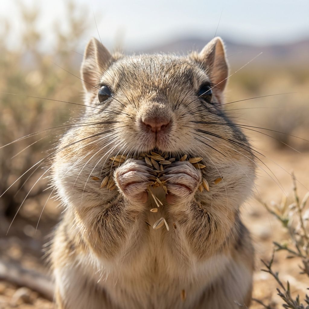 Close-up view of a kangaroo rat stuffing its cheek pouches with seeds