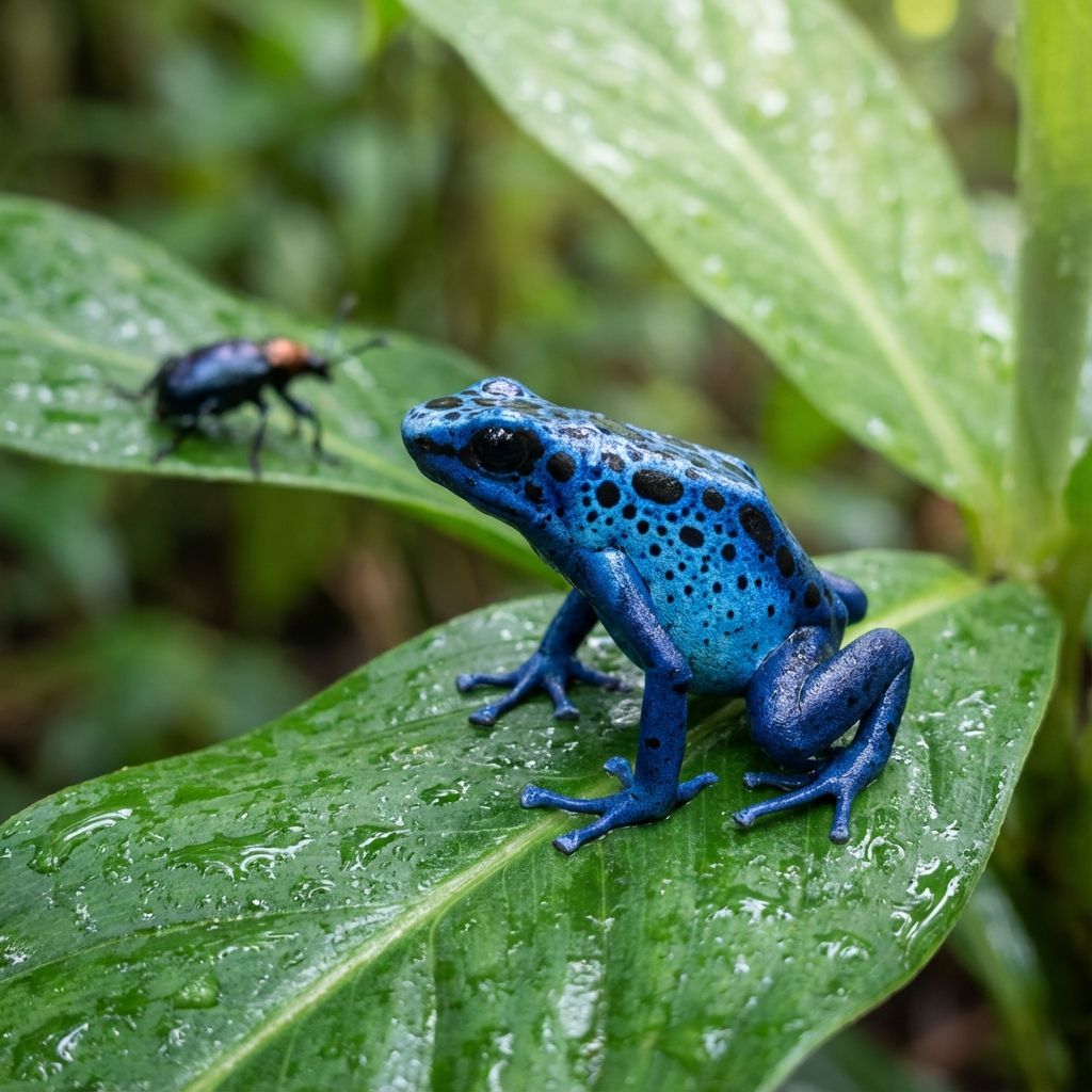 A bright blue poison dart frog on a leaf