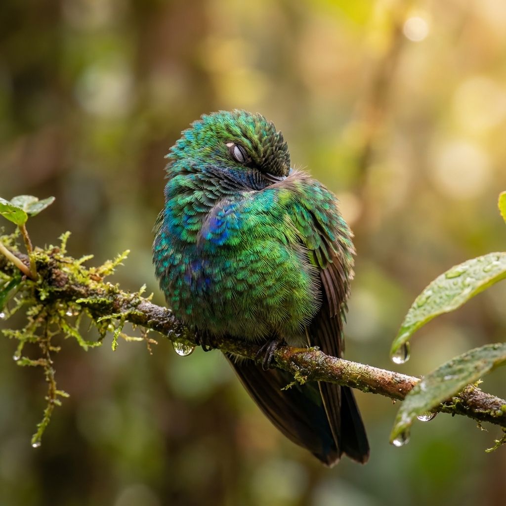 A sleeping hummingbird fluffed up on a branch