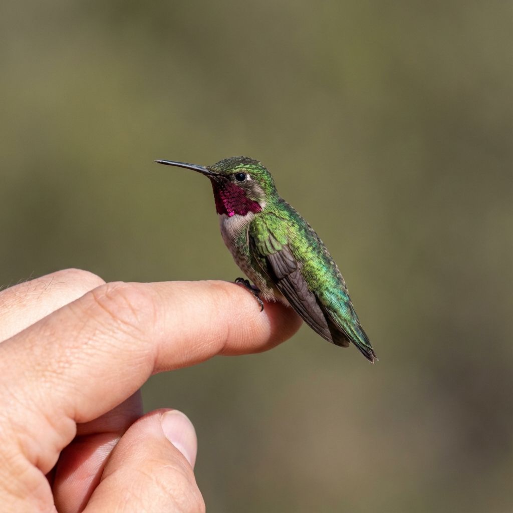 A small hummingbird perched on a human finger to show it is smaller than the thumb