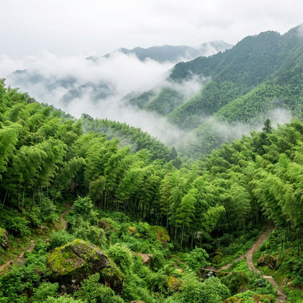 A lush green bamboo forest in the mountains of Sichuan China