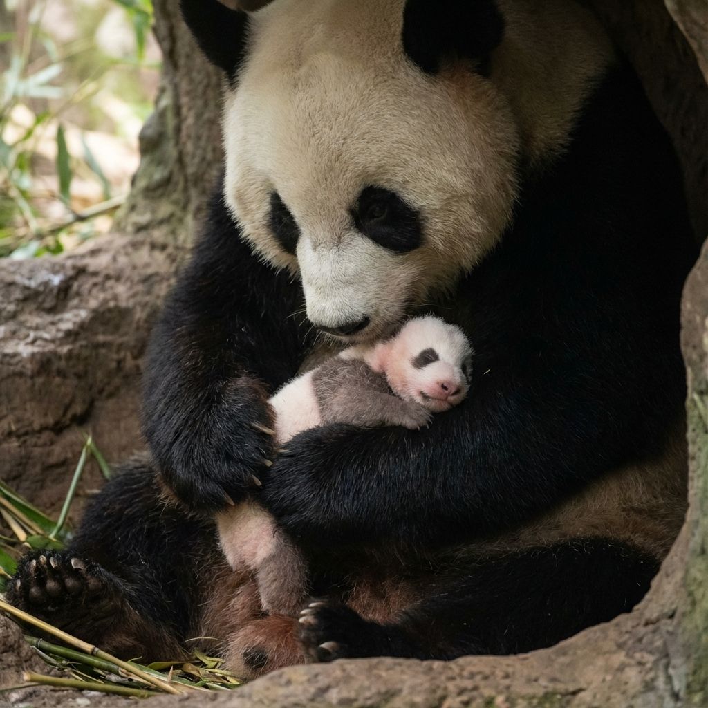 A mother giant panda holding a tiny pink and white cub