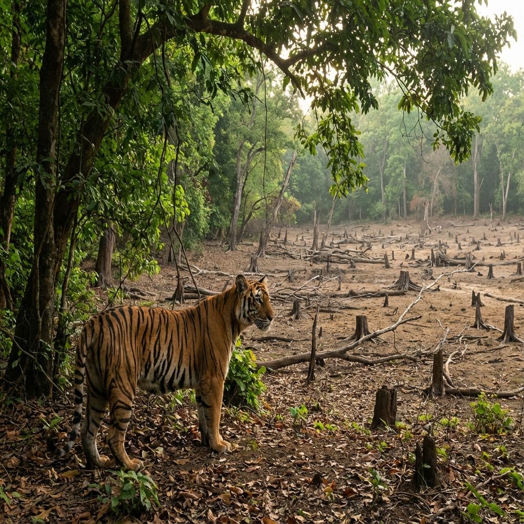 A tiger standing at the edge of a dense forest looking out over a cleared field
