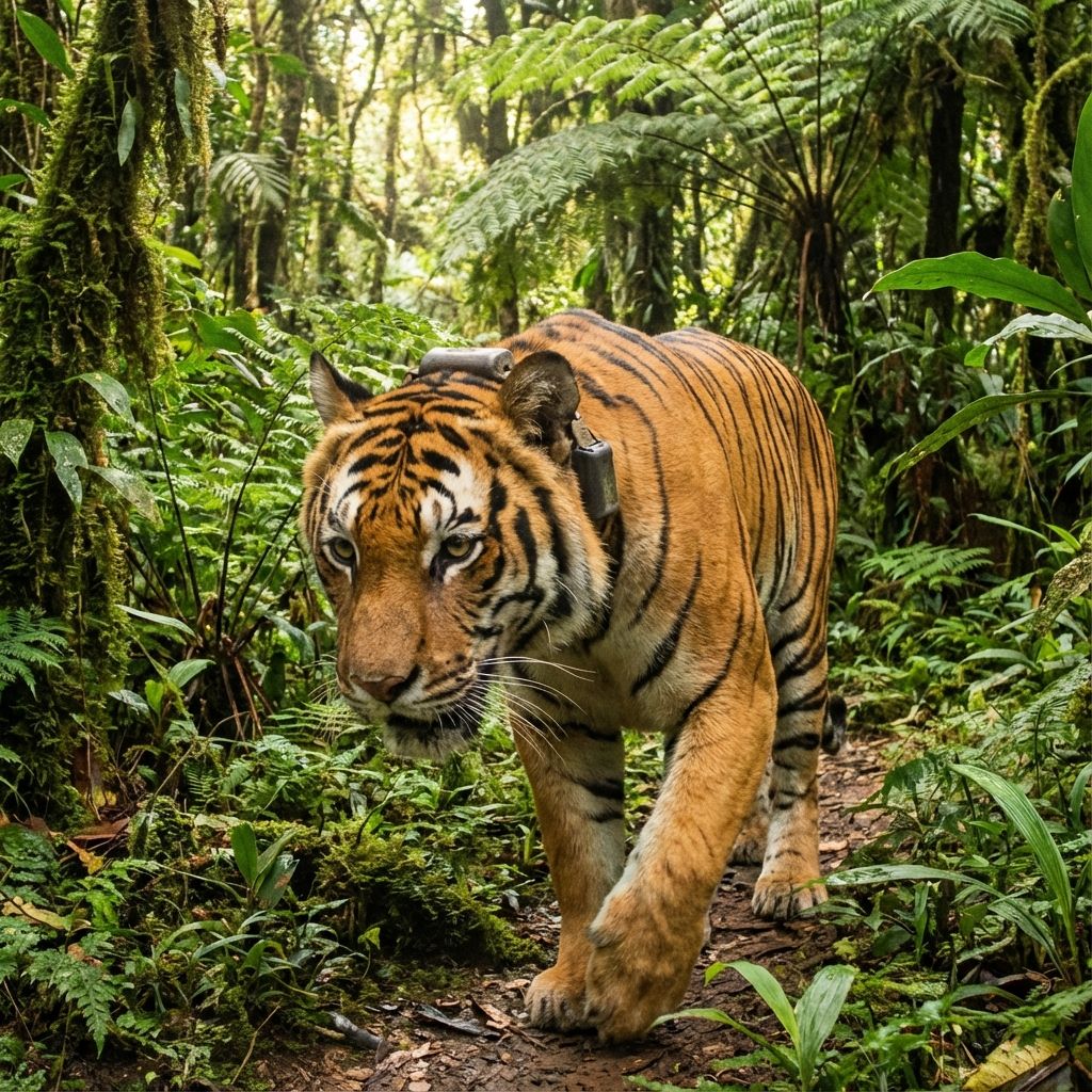 A tiger wearing a radio collar walking through the undergrowth