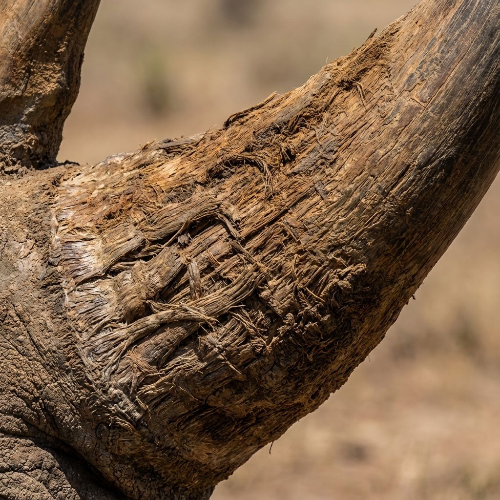 Extreme close-up of a rhinoceros horn showing the fibrous, hair-like texture of the keratin layers