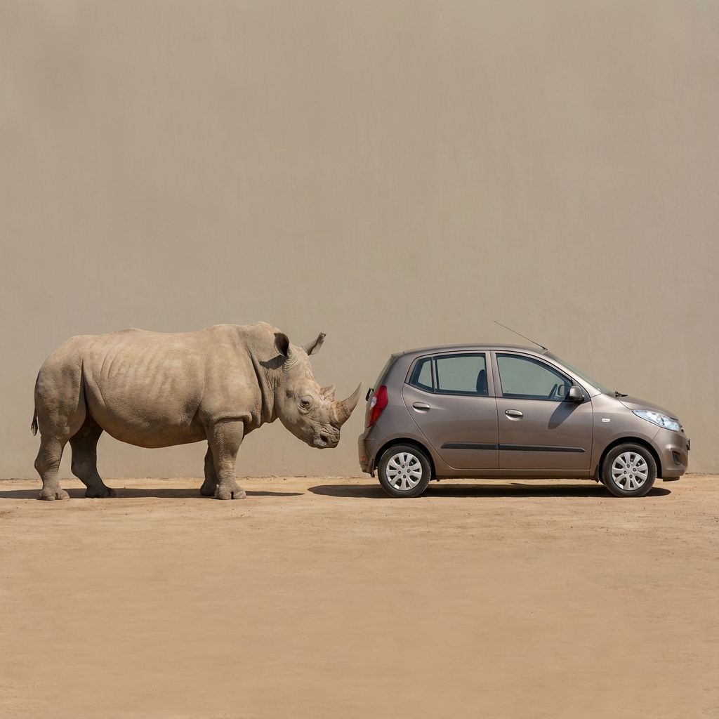 A white rhinoceros standing next to a compact car of equal length, shown side-by-side