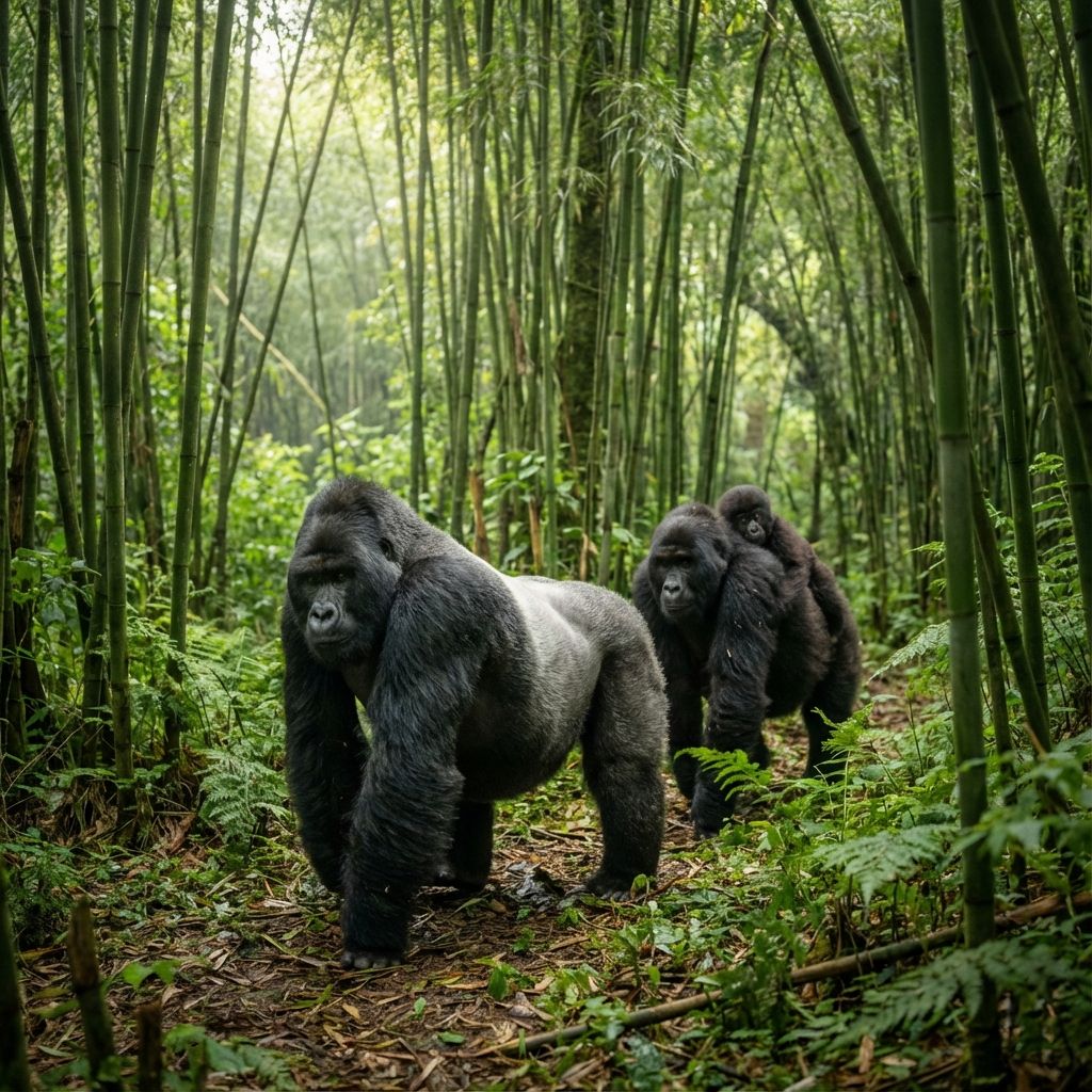 A Silverback gorilla leading his family through dense vegetation