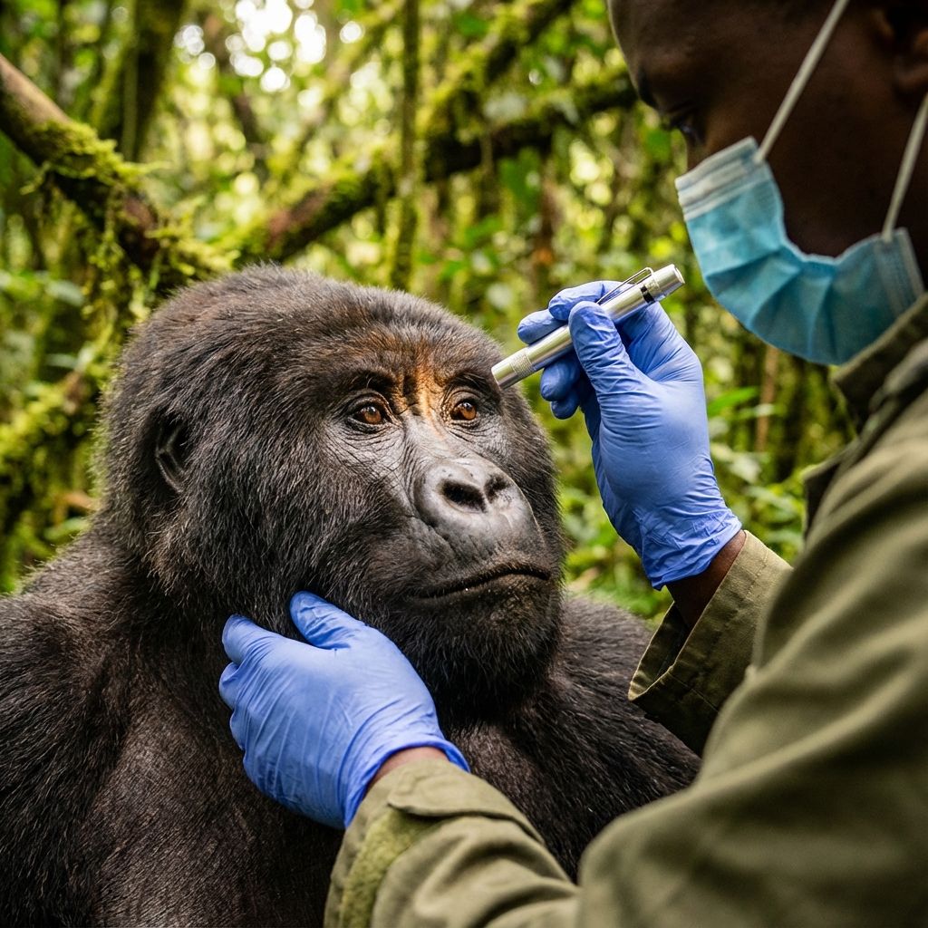 Veterinarians observing gorillas from a distance in the forest