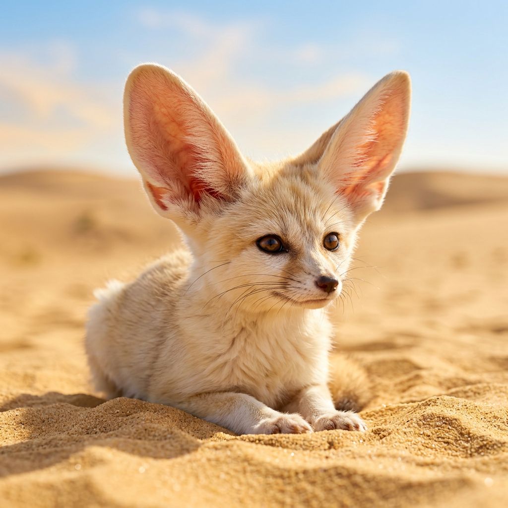 A tiny fennec fox with very large ears on desert sand.