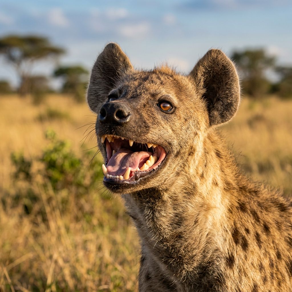 A close-up of a spotted hyena calling happily