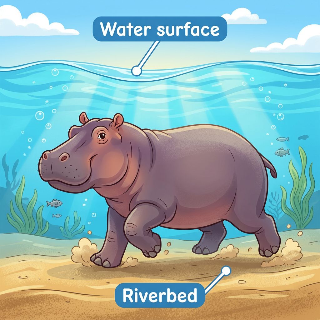An illustration of a hippopotamus walking underwater on a riverbed.