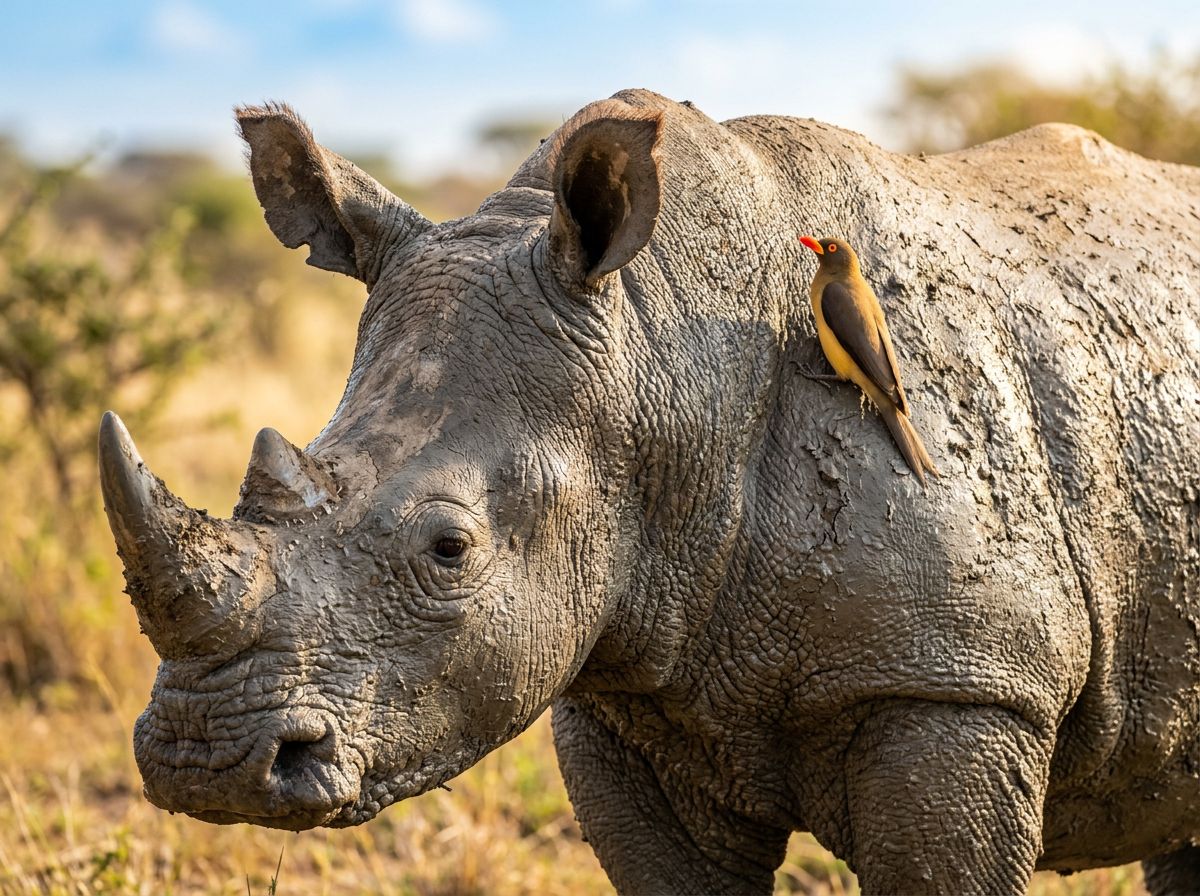 A mud-covered rhinoceros with a tiny bird on its back