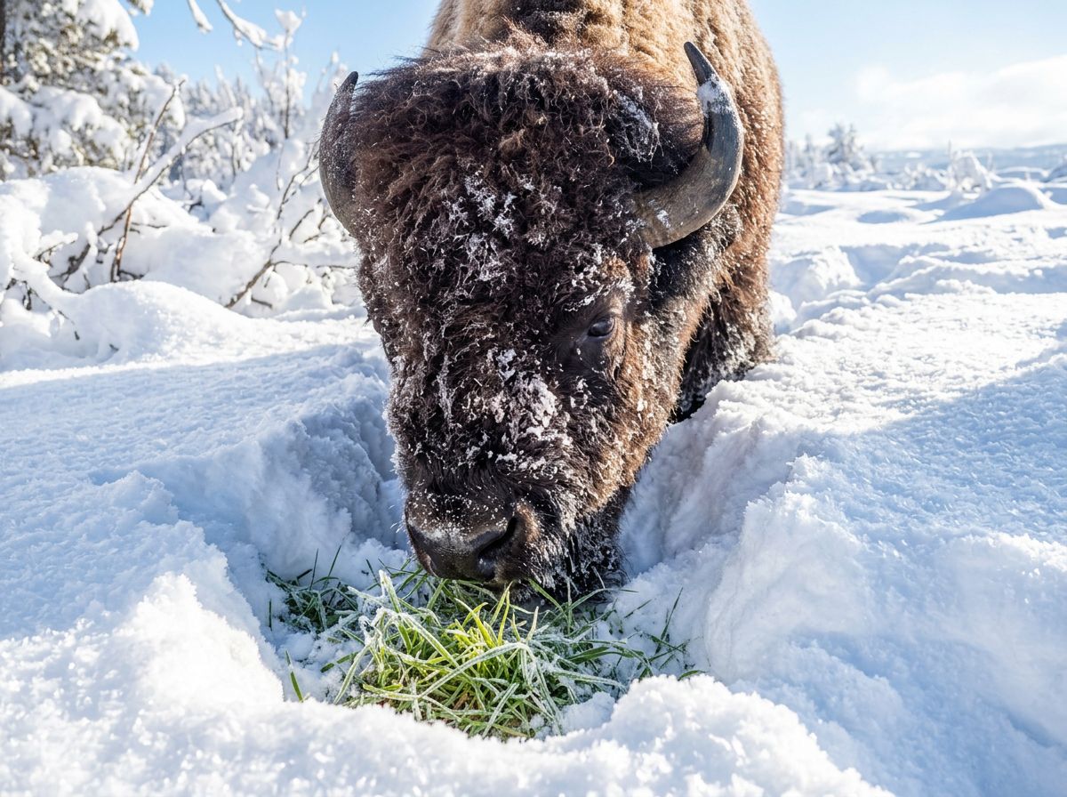 A bison clearing snow with its head to find grass