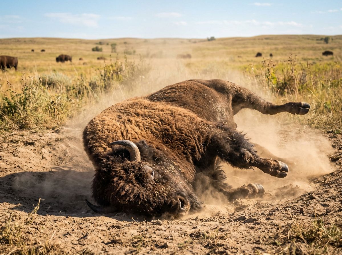 A bison rolling on its side in a dusty dirt bowl