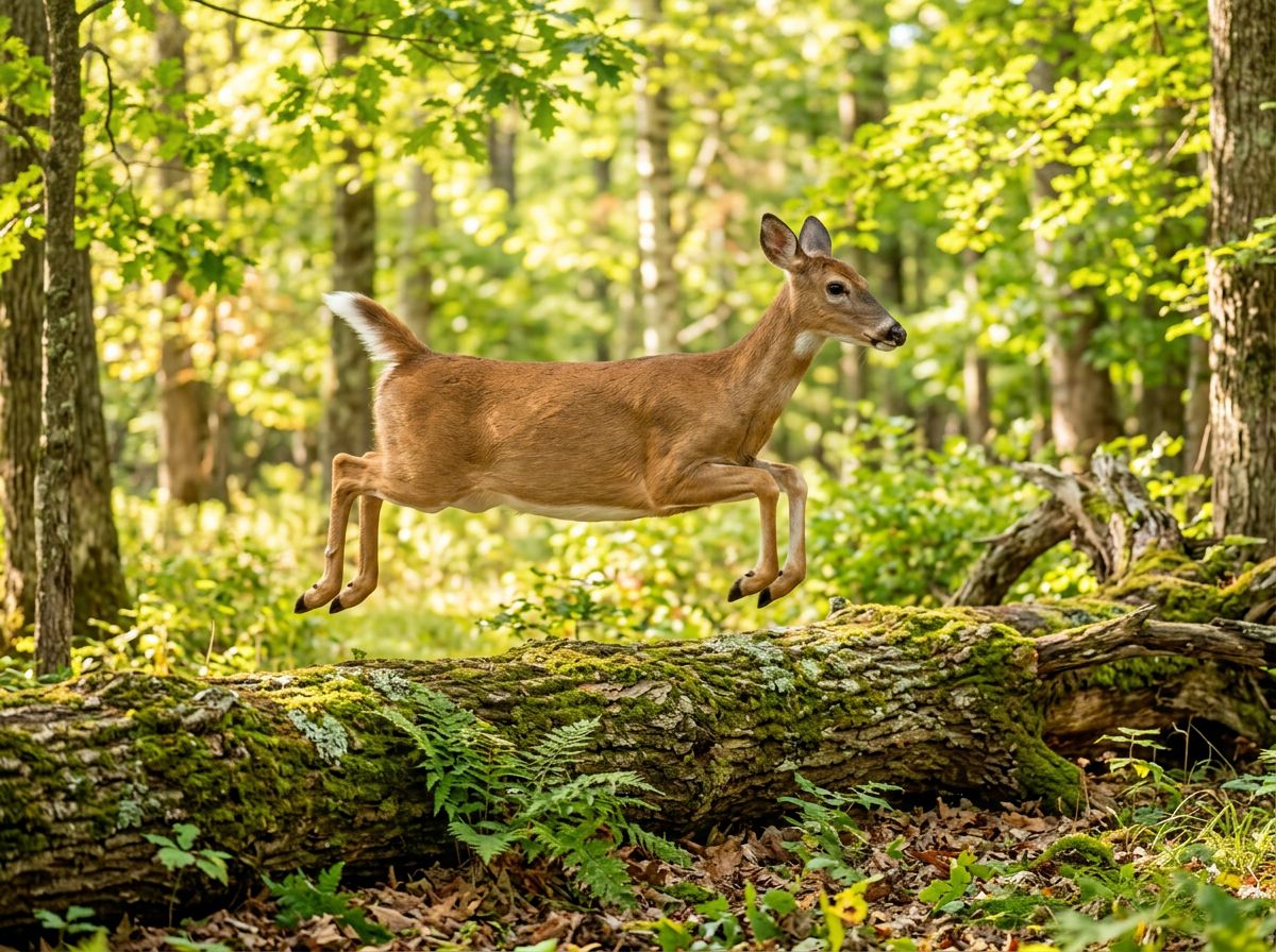 A white-tailed deer leaping over a mossy log.