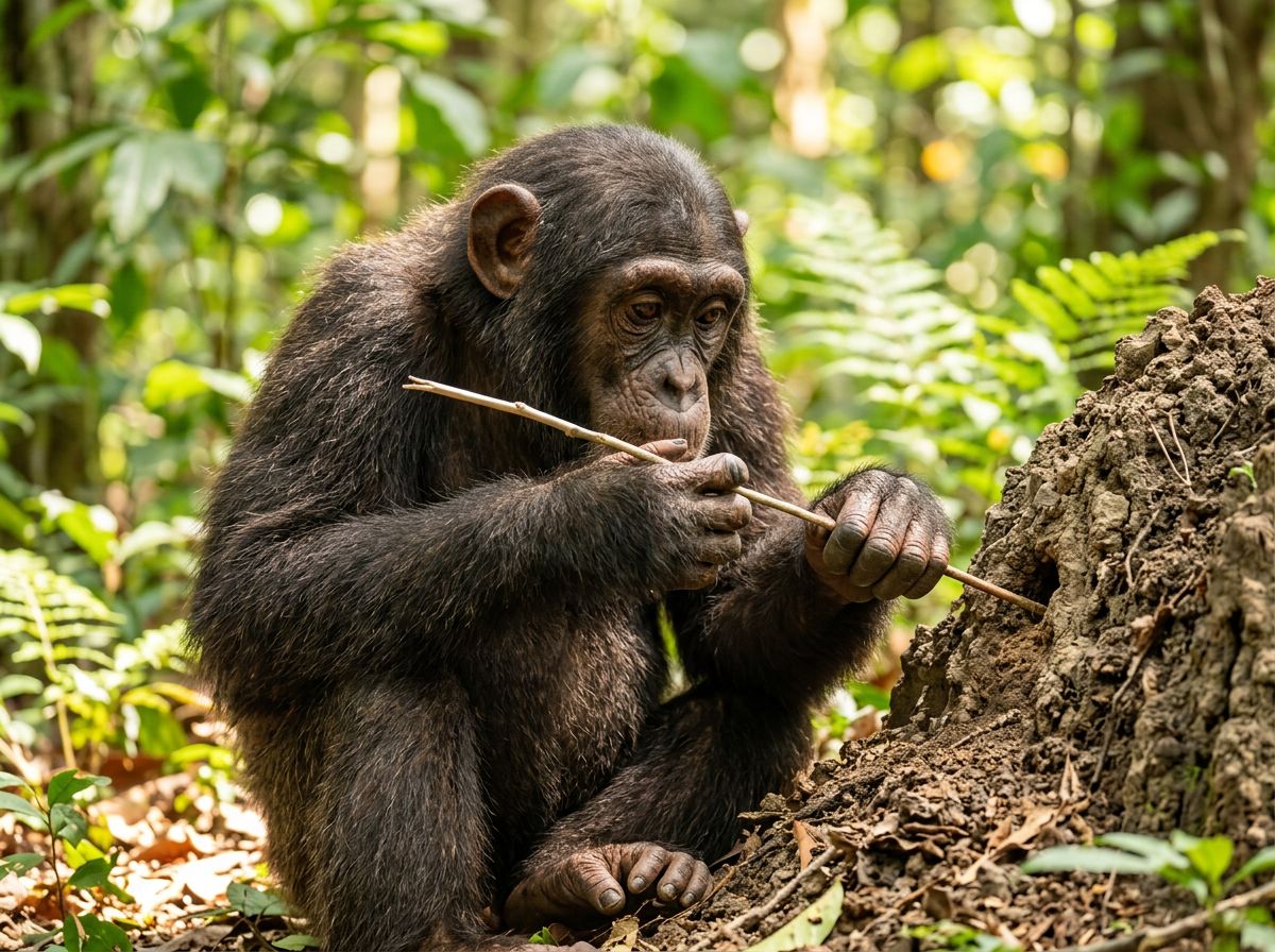 A clever chimpanzee holding a thin twig as a tool.