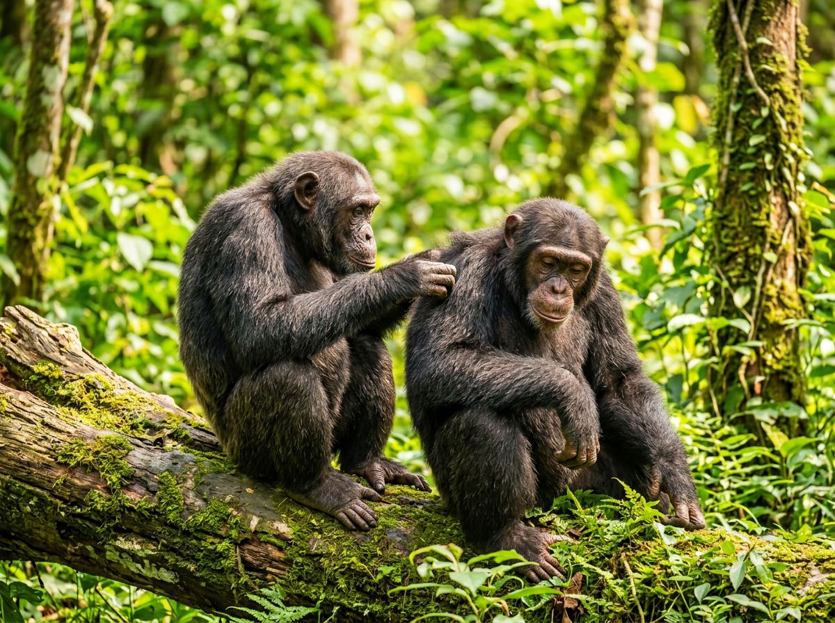 Two chimpanzees grooming each other on a log.